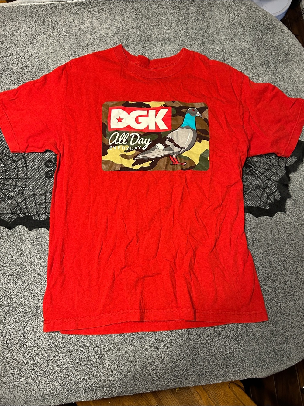 DGK Red Short Sleeve Tee with Camo Pigeon Graphic